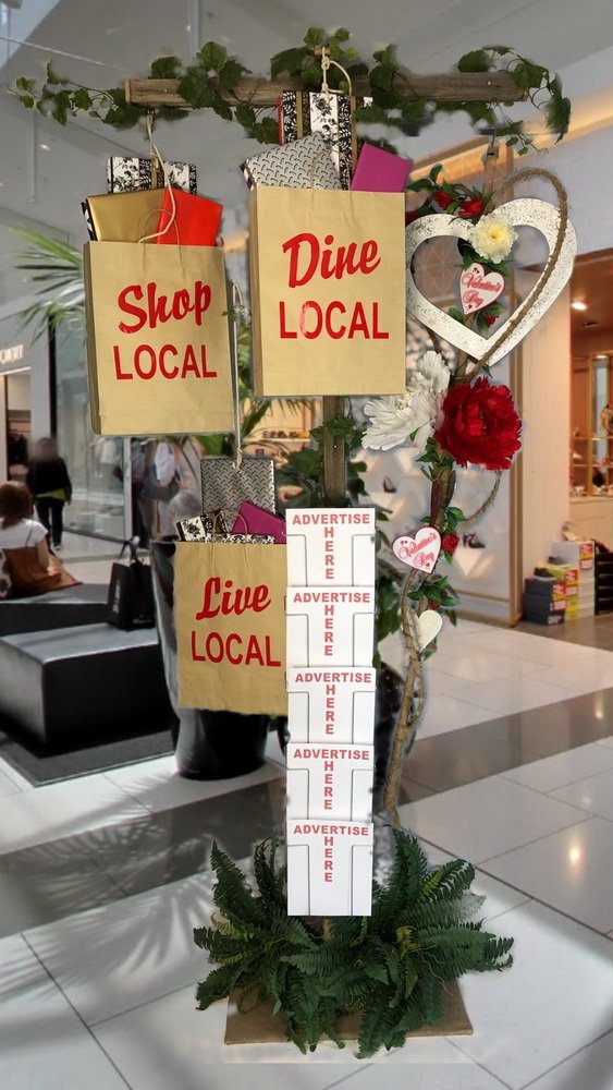Shop Local Valentines Day Silentsalesman with provision for A4 brochures. Silent Salesman retail display.